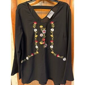 Ruff Hewn Black Blouse with Floral Embroidery